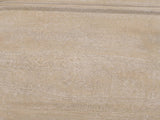 Close-up of the Albenga 71-Inch Weathered Mango Veneer Sliding Glass Door Media Console: the white-limed open grain of the weathered mango finish