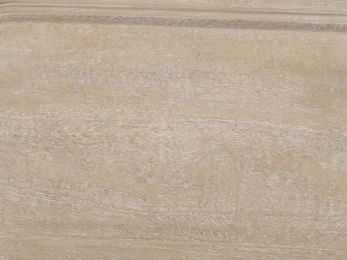 Close-up of the Albenga 71-Inch Weathered Mango Veneer Sliding Glass Door Media Console: the white-limed open grain of the weathered mango finish