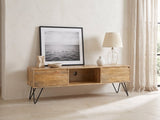 Alberobello Low Mango Media Console styled with a leaning print, a lamp and ceramics in a bright plaster room