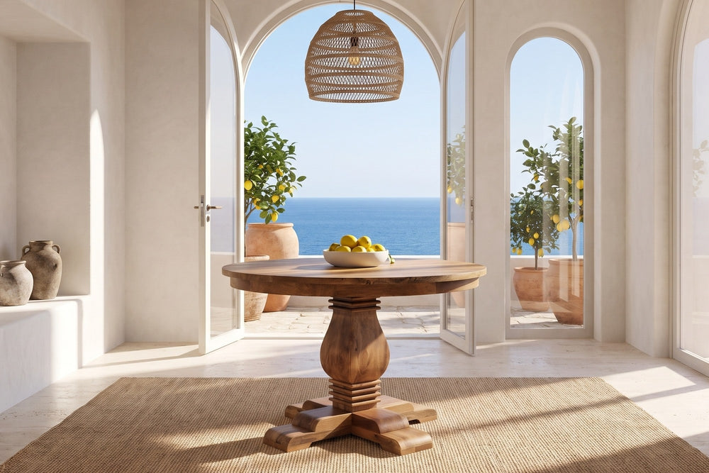 Albidona 43-Inch Round Solid Mango Pedestal Dining Table in a seaside terrace room