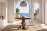 Albidona 43-Inch Round Solid Mango Pedestal Dining Table in a seaside terrace room