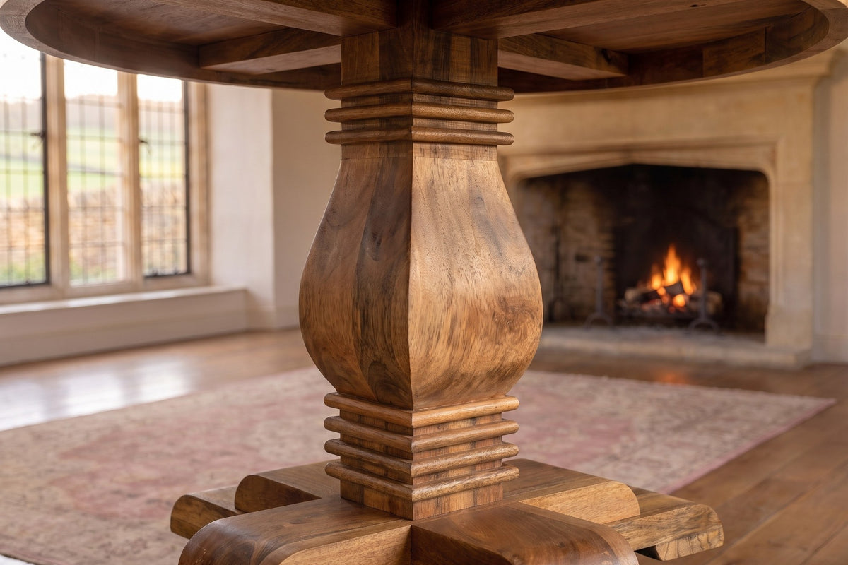 Close-up of the Albidona 43-Inch Round Solid Mango Pedestal Dining Table: baluster