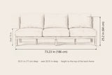 Alcamo sofa dimensions: 73.23 in wide, 25.2 in high to the back frame, seat 15 in, 30.31 in deep