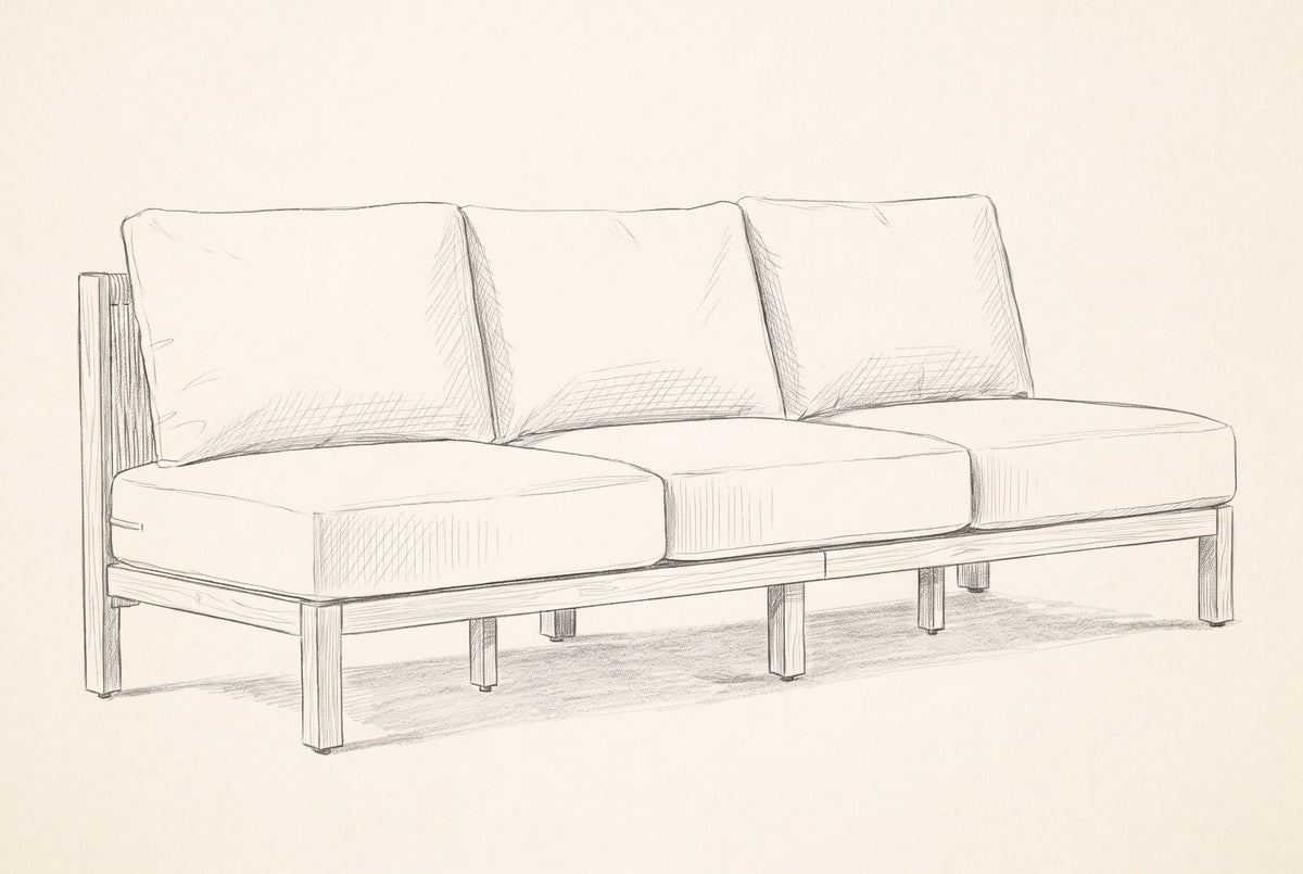 Pencil sketch of the Alcamo sofa, drawn from the same three-quarter view