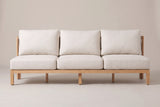 The Alcamo sofa seen straight from the front: three seat cushions, three back cushions and the light teak acacia base on five front legs