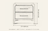 Alghero nightstand dimensions: each nightstand is 27 in wide, 26.5 in high and 17 in deep