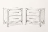 Pencil sketch of the pair of Alghero nightstands, drawn from the same three-quarter view
