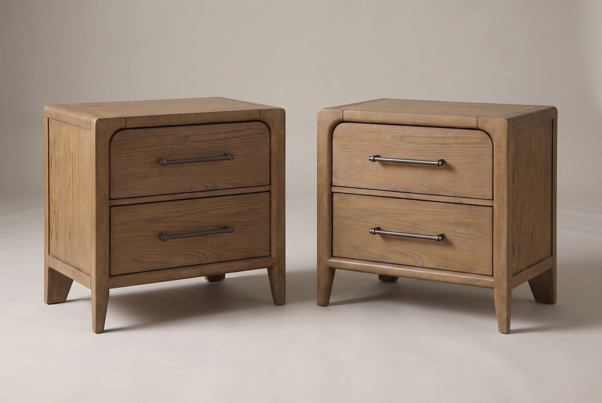 The Alghero set of two brown oak nightstands side by side, three-quarter view on a light studio backdrop