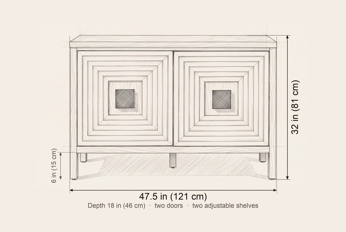 Altamura sideboard dimensions: 47.5 in wide, 32 in high, 18 in deep, legs 6 in
