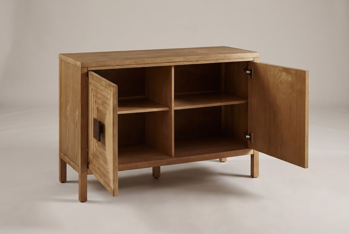 The Altamura sideboard with both doors open, showing two bays and wooden shelves inside