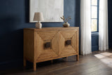 Altamura two-door sideboard against an inky navy plaster wall in a Seattle living room with dark oak floors and white sheer curtains