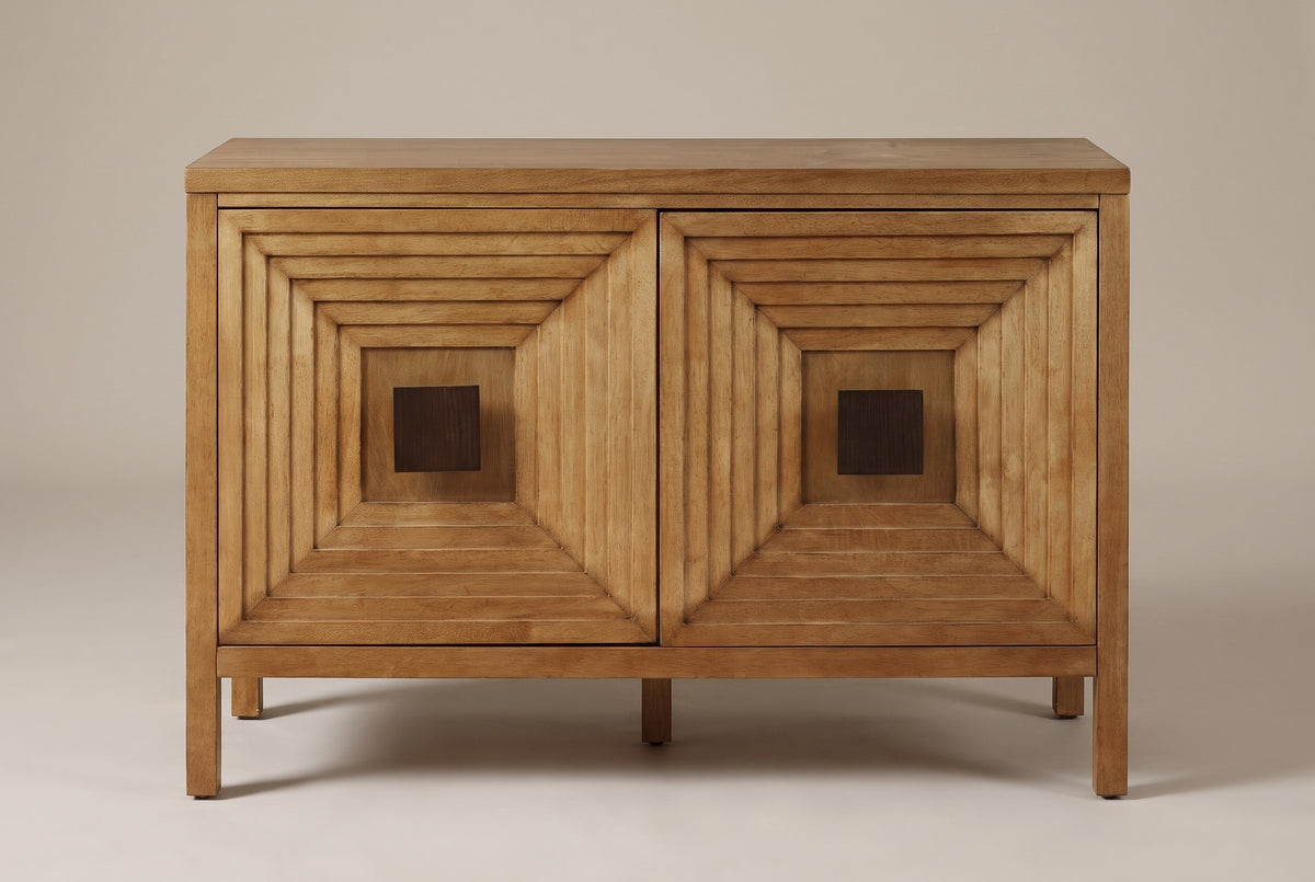 The Altamura sideboard in honey-brown wood, front view on a light studio backdrop