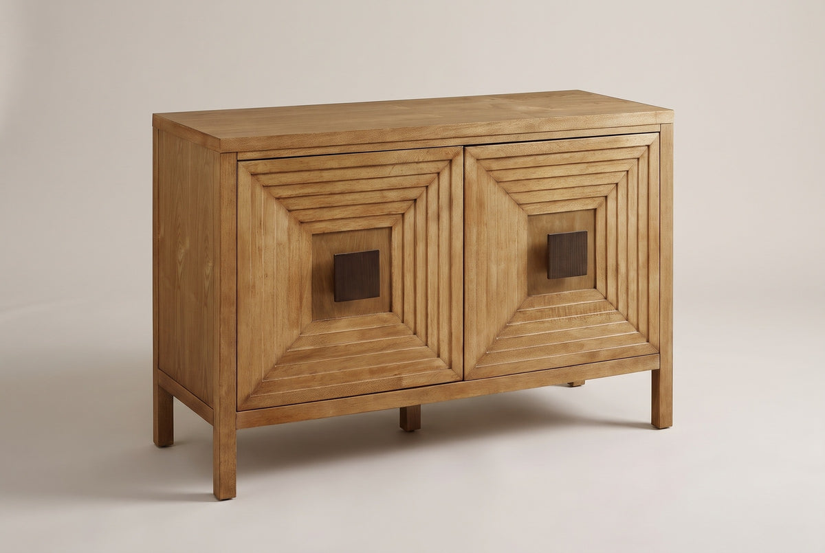 The Altamura two-door sideboard in honey-brown wood with dark square knobs, three-quarter view on a light studio backdrop