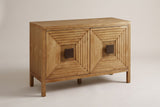 The Altamura two-door sideboard in honey-brown wood with dark square knobs, three-quarter view on a light studio backdrop