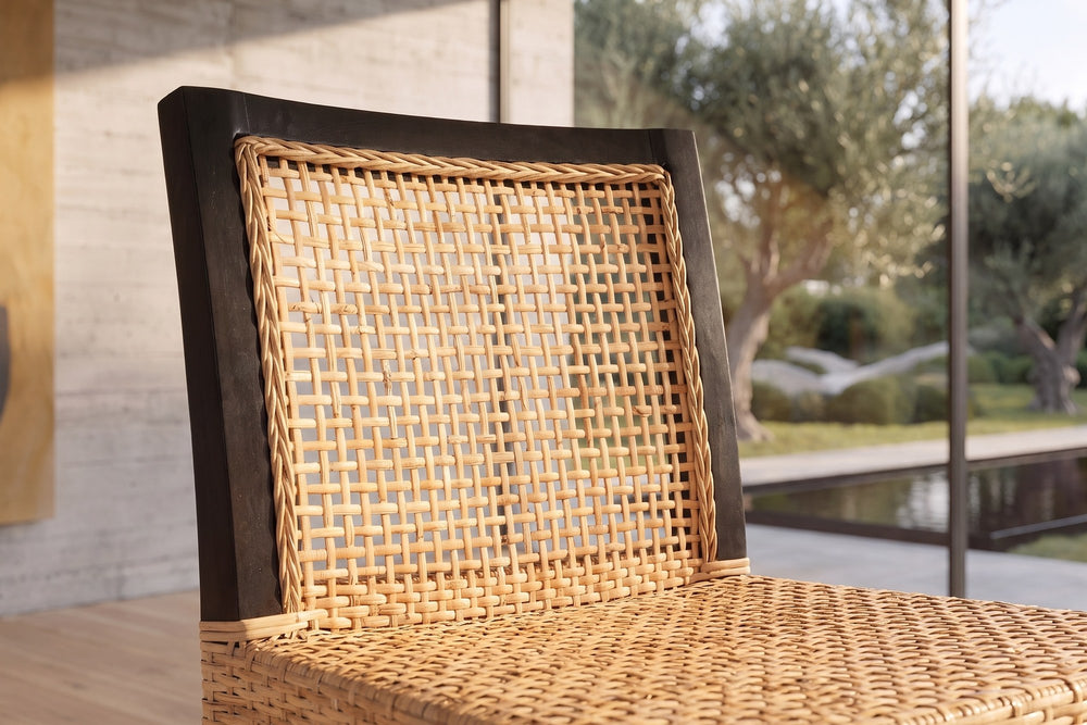 Close-up of the Altilia Open-Weave Rattan and Mahogany Counter Stool: cane