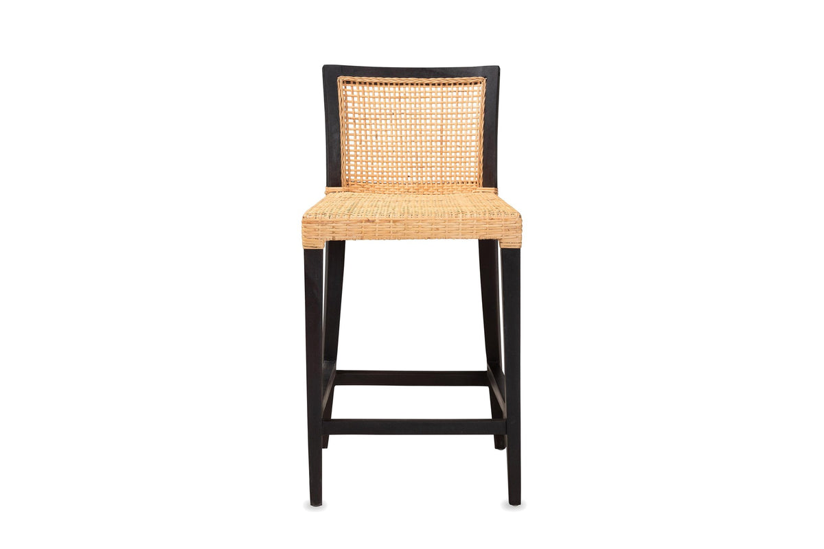 Altilia Open-Weave Rattan and Mahogany Counter Stool, front view
