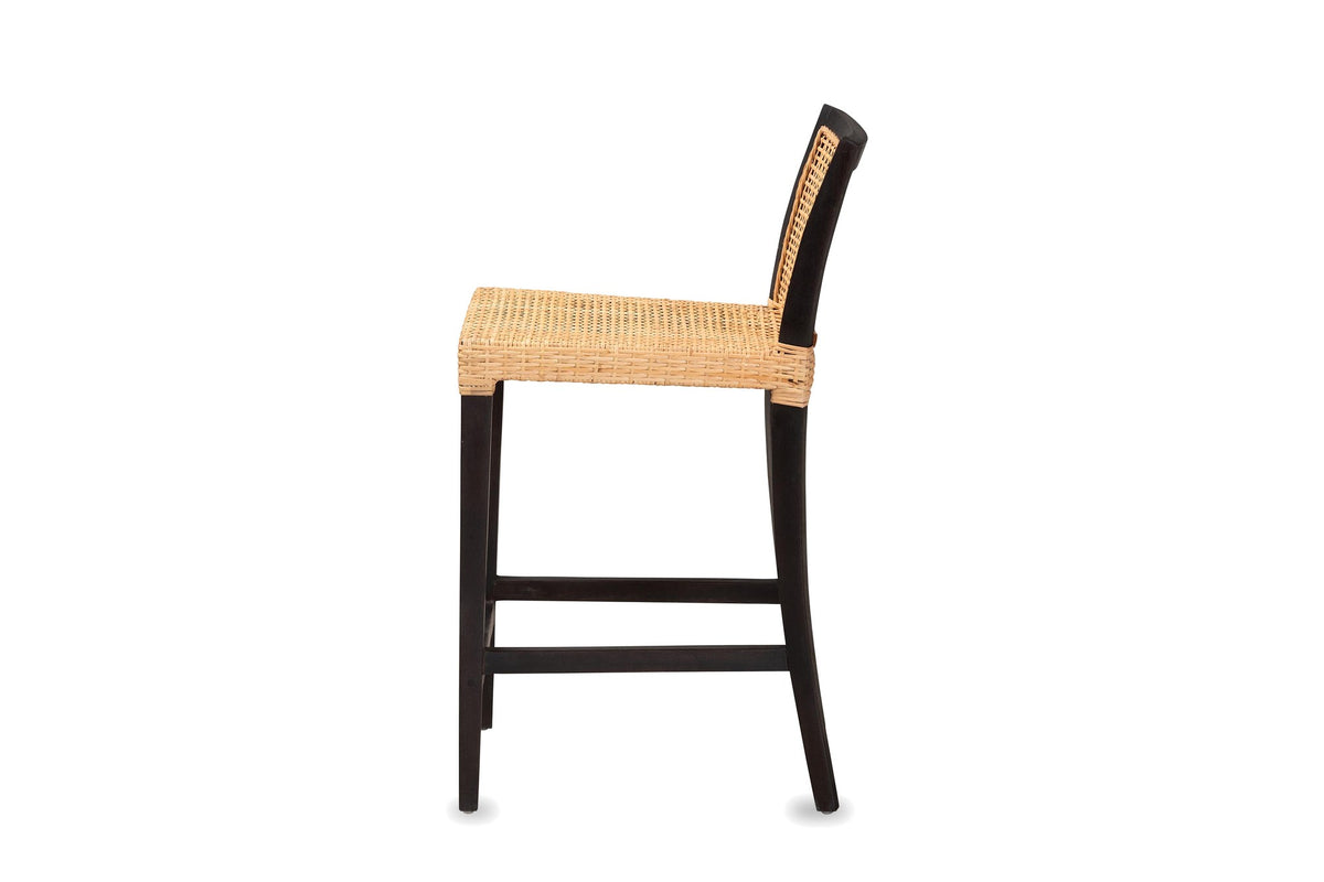 Altilia Open-Weave Rattan and Mahogany Counter Stool, side view