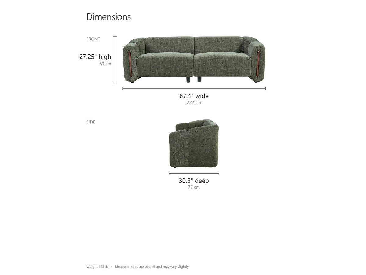 Amalfi Curved Sofa dimensions: 87.4 in wide, 30.5 in deep, 27.25 in high