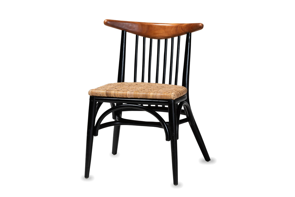 Amendolara Spindle-Back Mahogany and Rattan Dining Chair on a white background
