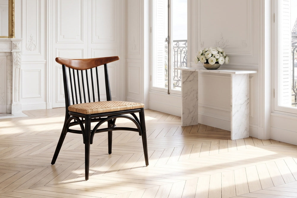 Amendolara Spindle-Back Mahogany and Rattan Dining Chair in a Paris salon