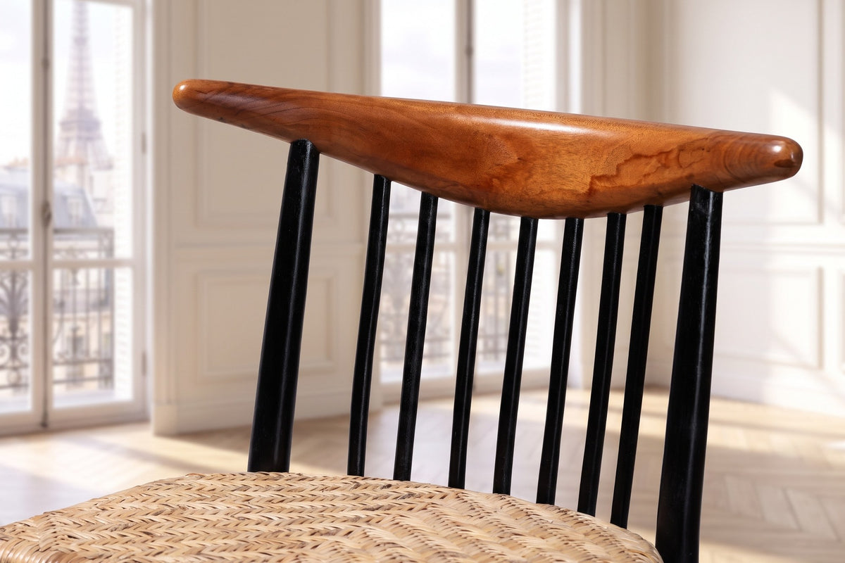 Close-up of the Amendolara Spindle-Back Mahogany and Rattan Dining Chair: crest