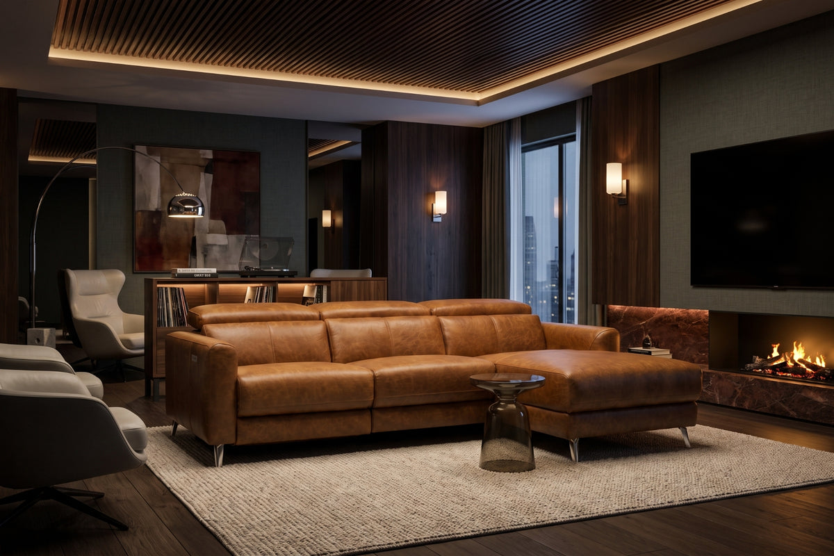 Andria Distressed Italian Aniline Leather Power Reclining Sectional Sofa
