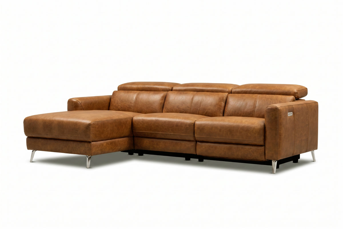 Andria Distressed Italian Aniline Leather Power Reclining Sectional Sofa