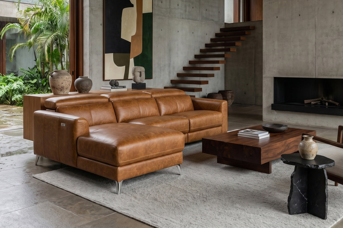 Andria Distressed Italian Aniline Leather Power Reclining Sectional Sofa
