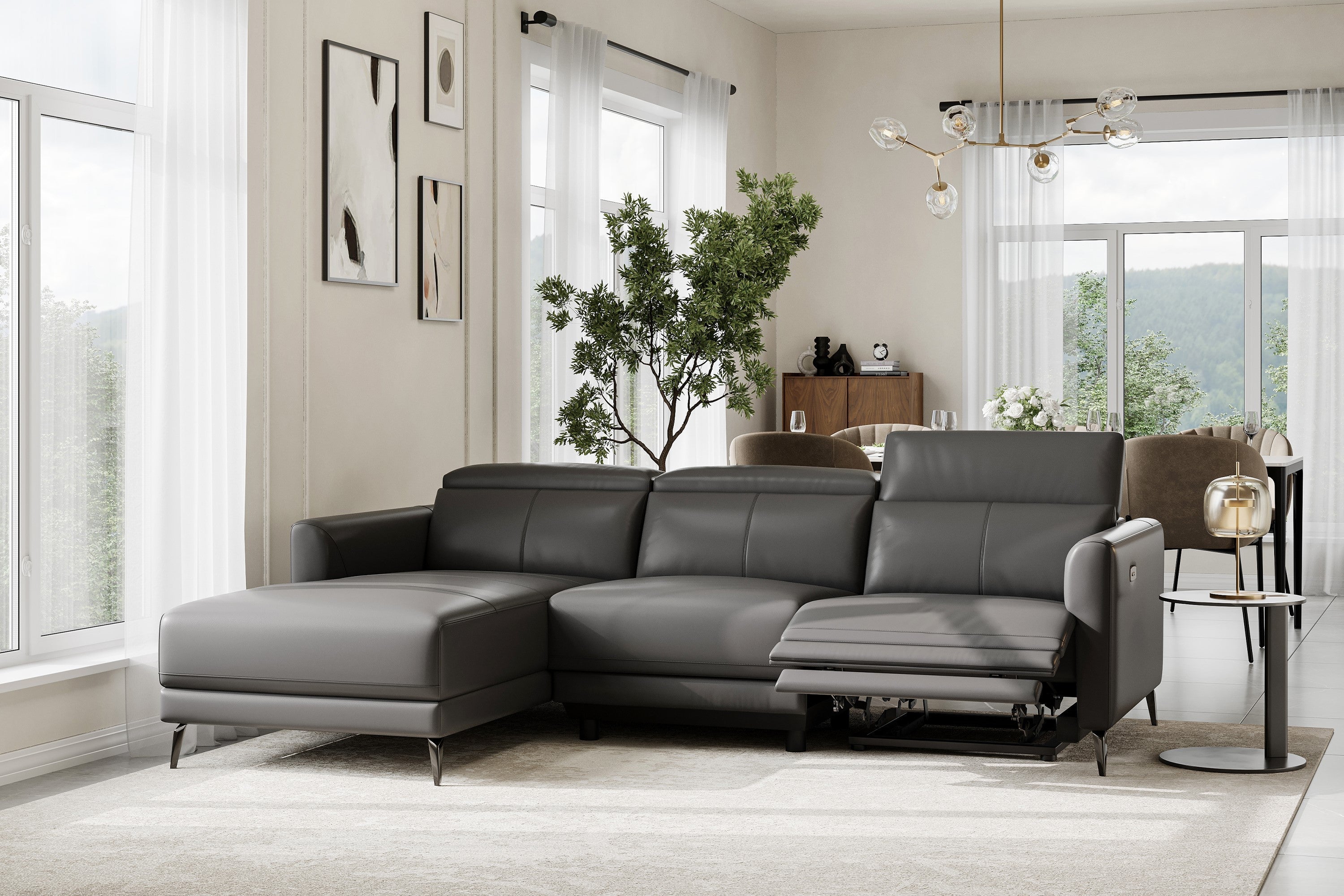 Andria Modern Sectional with Premium Grey Leather Upholstery