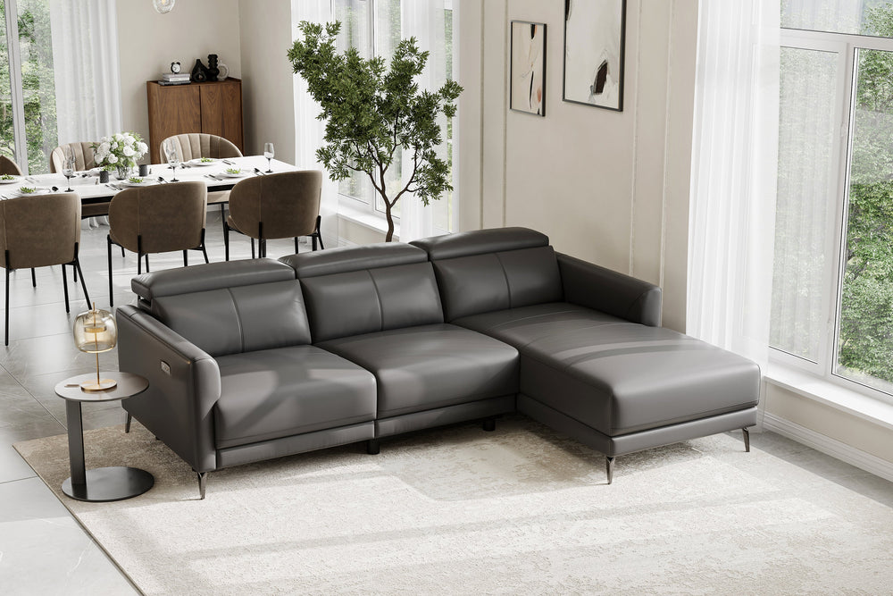 Valencia Andria Modern Right Hand Facing Top Grain Leather Reclining Sectional Sofa, Grey Color