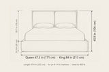 Anversa bed dimensions: Queen 67.3 in wide, King 84 in wide, 87.4 in long, 40.9 in high, base 10.3 in, headboard panels 30.7 in