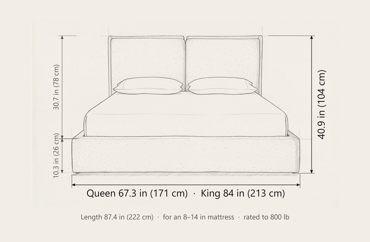 Anversa bed dimensions: Queen 67.3 in wide, King 84 in wide, 87.4 in long, 40.9 in high, base 10.3 in, headboard panels 30.7 in