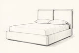 Pencil sketch of the Anversa bed with a mattress and two pillows, drawn from the same three-quarter view