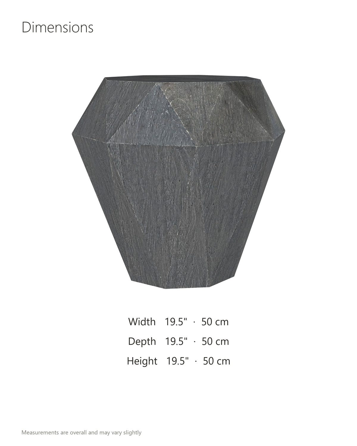 Accadia Grey Mango Faceted Octagon Side Table dimensions: 19.5 in wide, 19.5 in deep, 19.5 in high