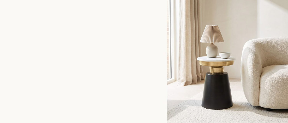 Marble, gold and a black cone. - Acerenza White Marble Pedestal Side Table