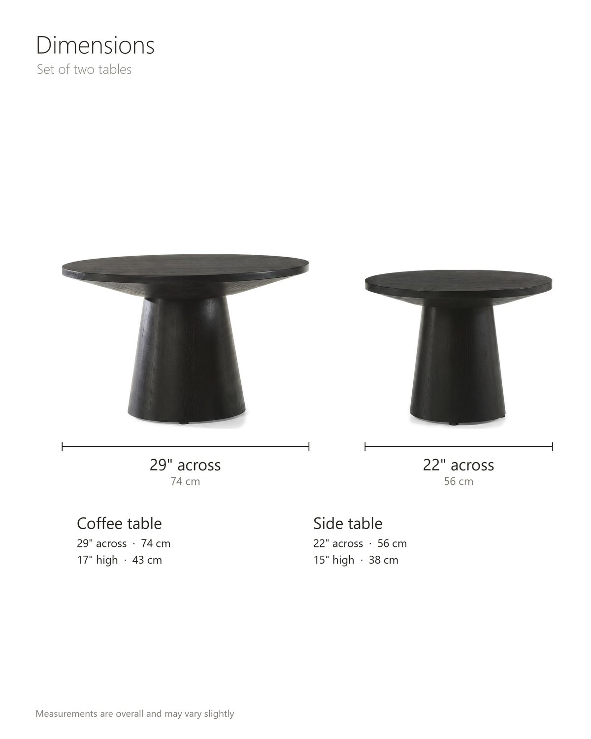 Acqui 29-Inch Round Ebony Oak Veneer Pedestal Coffee and End Table Set dimensions: coffee table 29 in across and 17 in high; end table 22 in across and 15 in high