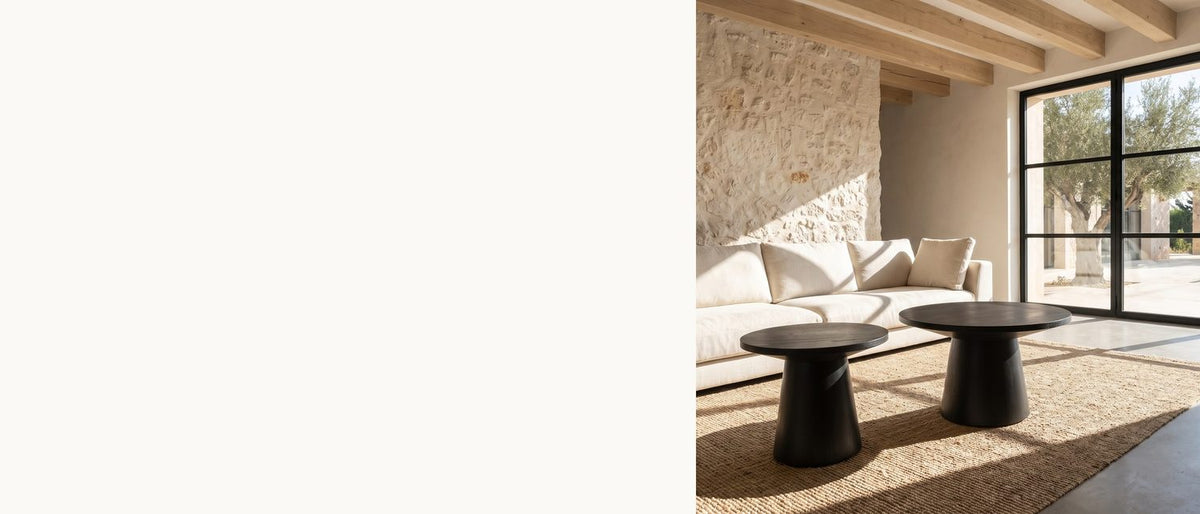 Two ebony cones, one family. - Acqui 29-Inch Round Ebony Oak Veneer Pedestal Coffee and End Table Set
