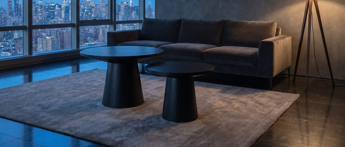 Acqui 29-Inch Round Ebony Oak Veneer Pedestal Coffee and End Table Set in the room