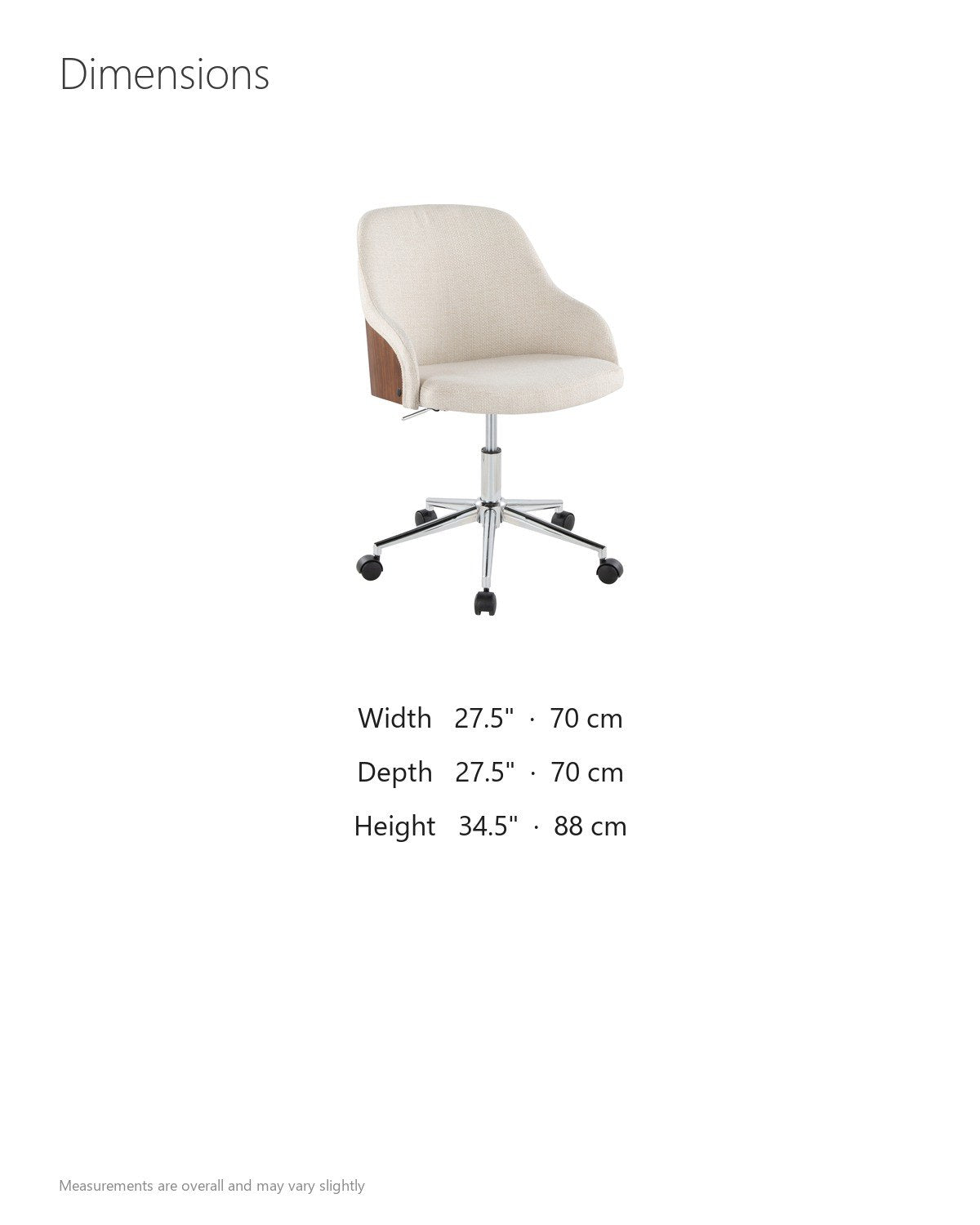Acri Walnut Bentwood Swivel Desk Chair with Cream Woven Fabric dimensions