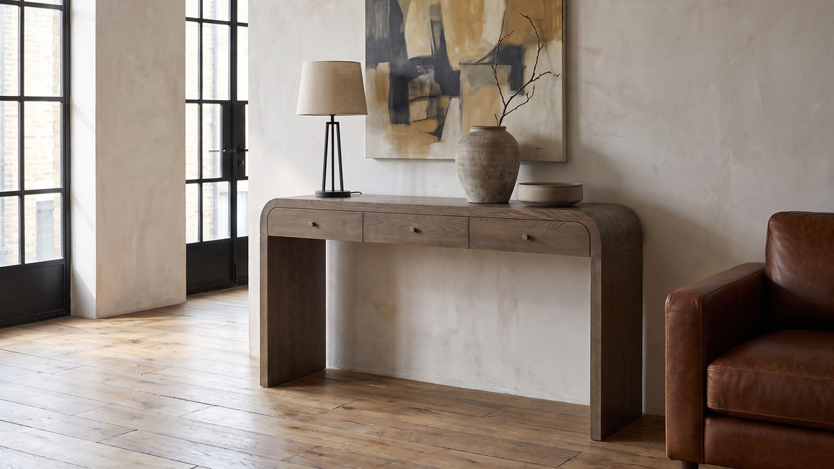 A soft line along the wall. - Adelfia Ash Veneer Waterfall Console Table