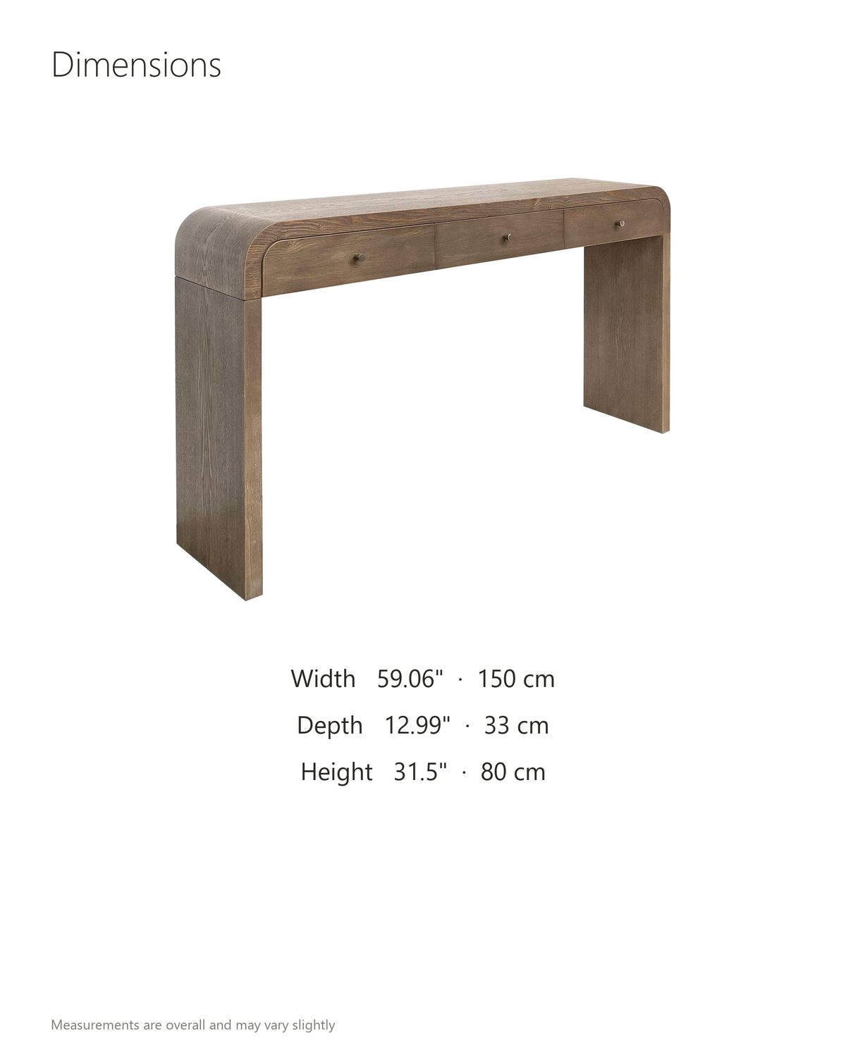 Adelfia Ash Veneer Waterfall Console Table dimensions: 59.06 in wide, 12.99 in deep, 31.5 in high