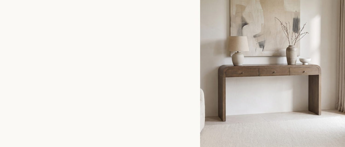 One smooth curve at each end. - Adelfia Ash Veneer Waterfall Console Table