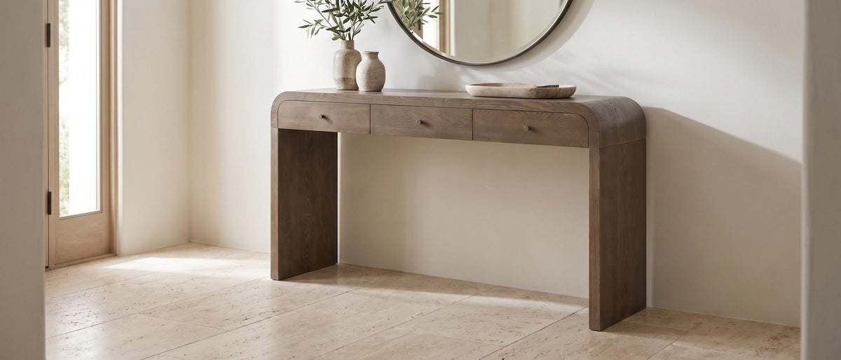 Adelfia Ash Veneer Waterfall Console Table in the room