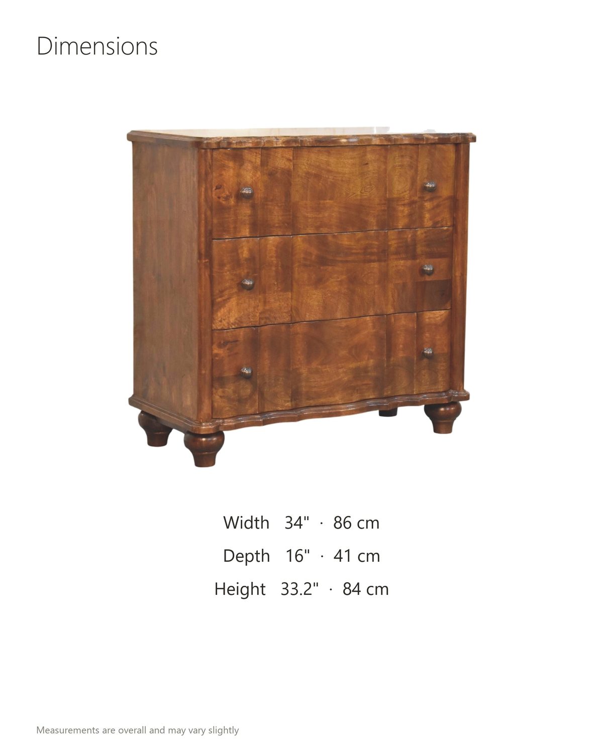 Adria 34-Inch Chestnut Solid Mango 3-Drawer Chest dimensions: 34 in wide, 16 in deep, 33.2 in high