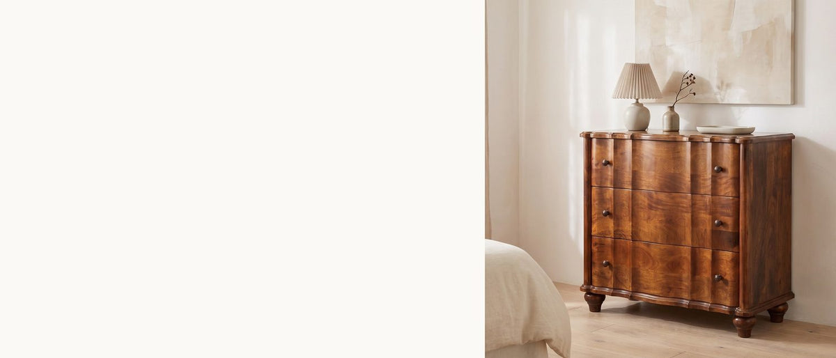 Serpentine curves, solid mango. - Adria 34-Inch Chestnut Solid Mango 3-Drawer Chest