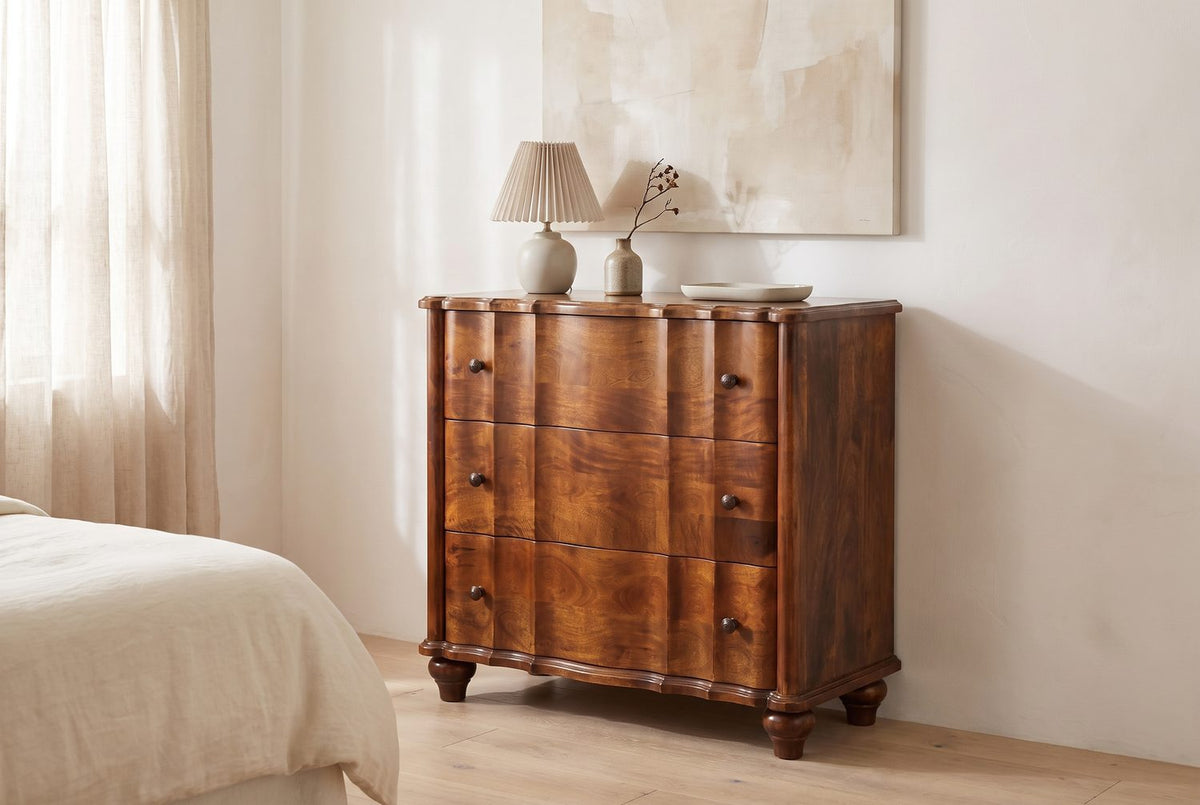 Adria 34-Inch Chestnut Solid Mango 3-Drawer Chest in the room