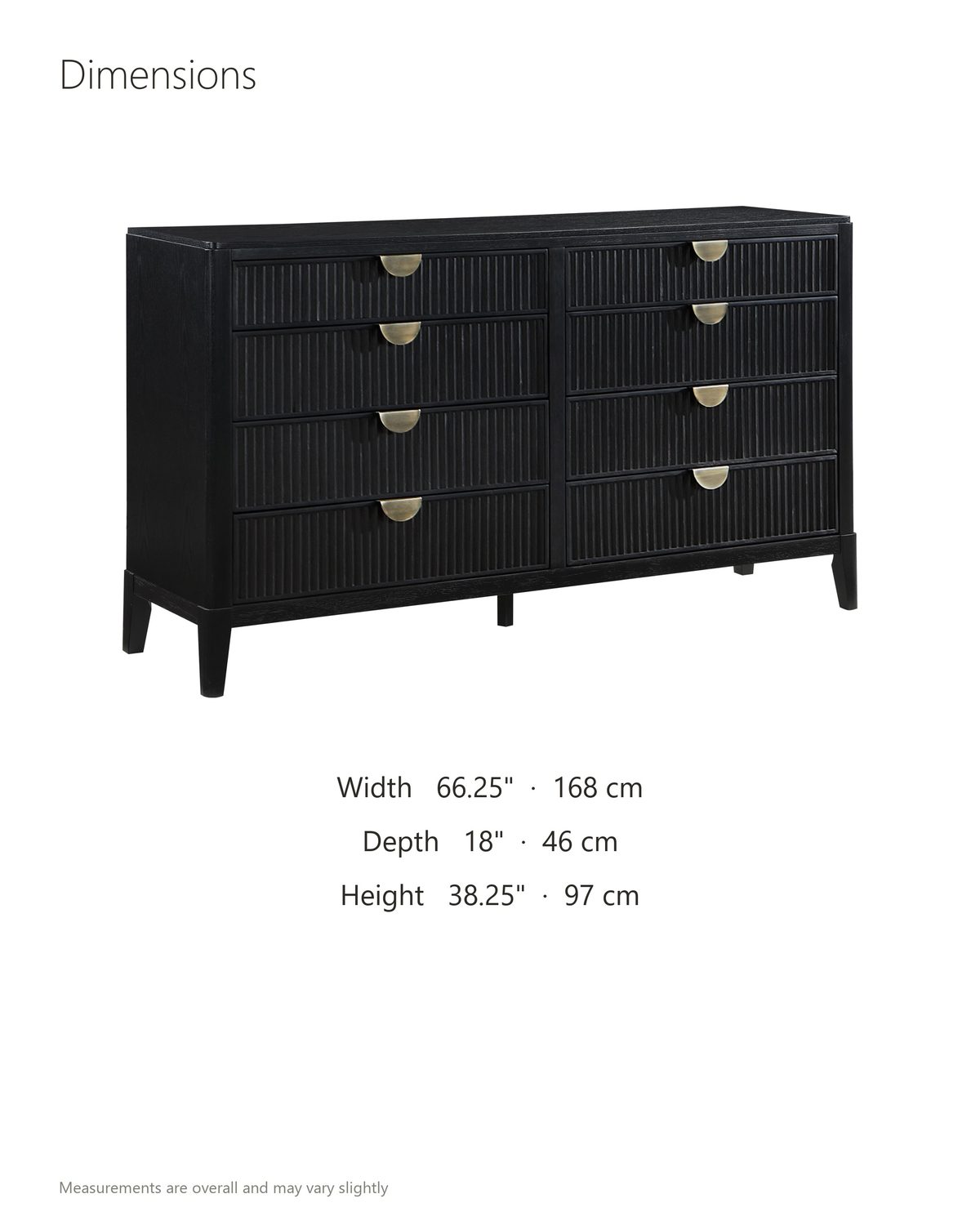Agordo 66-Inch Black Fluted 8-Drawer Dresser dimensions: 66.25 in wide, 18 in deep, 38.25 in high