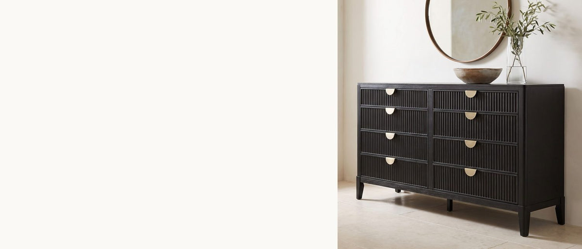 Black flutes, brass half-moons. - Agordo 66-Inch Black Fluted 8-Drawer Dresser