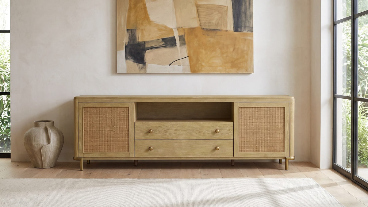 Pale wood, soft brass. - Alassio 80-Inch Sand Wash Ash and Rattan Media Console