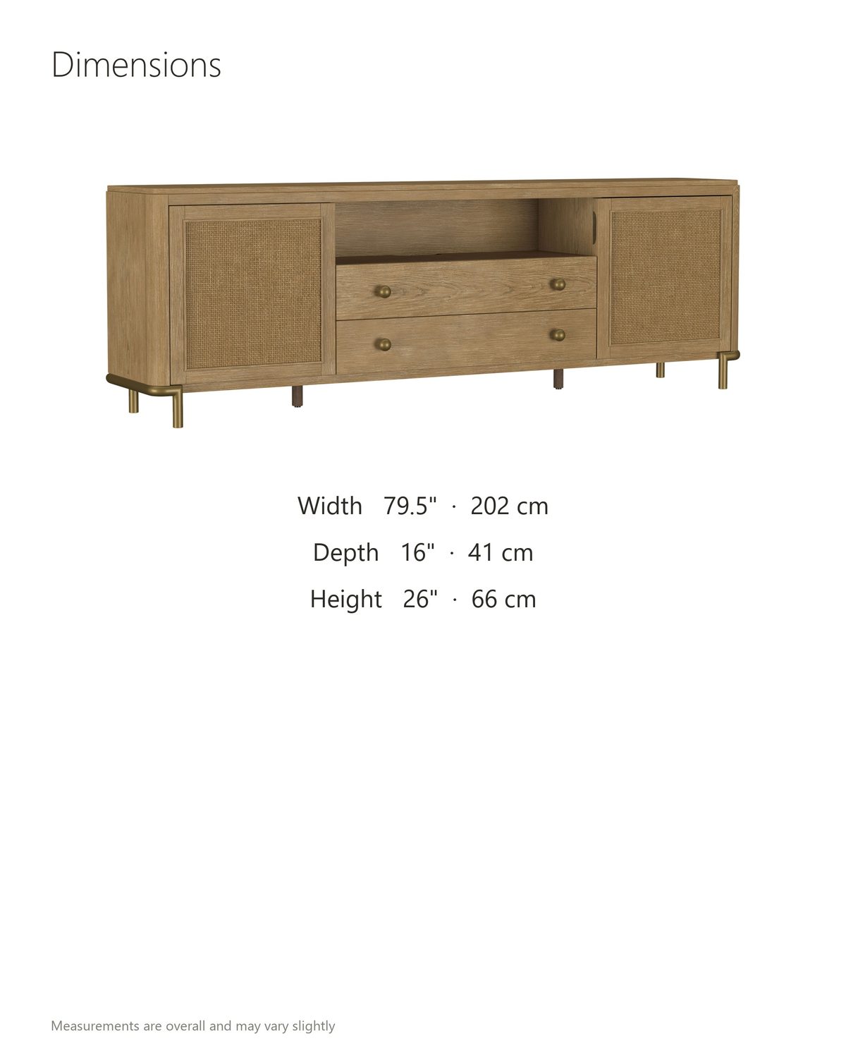 Alassio 80-Inch Sand Wash Ash and Rattan Media Console dimensions: 79.5 in wide, 16 in deep, 26 in high